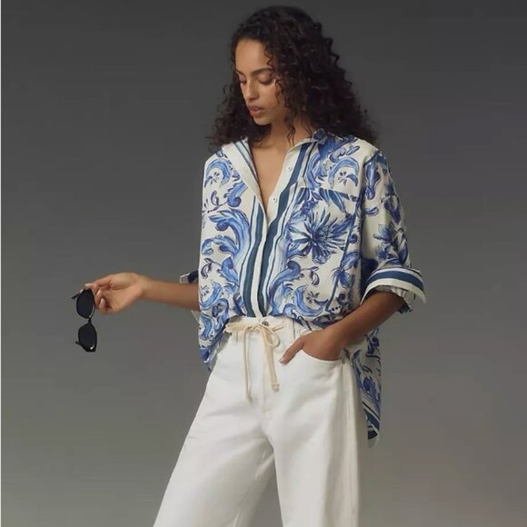 FARM Rio Blue and White Floral Button-Up Shirt - Picture 6 of 10